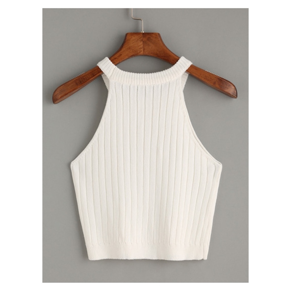 White Halter Ribbed Knitted Crop Top - Picture 3 of 7